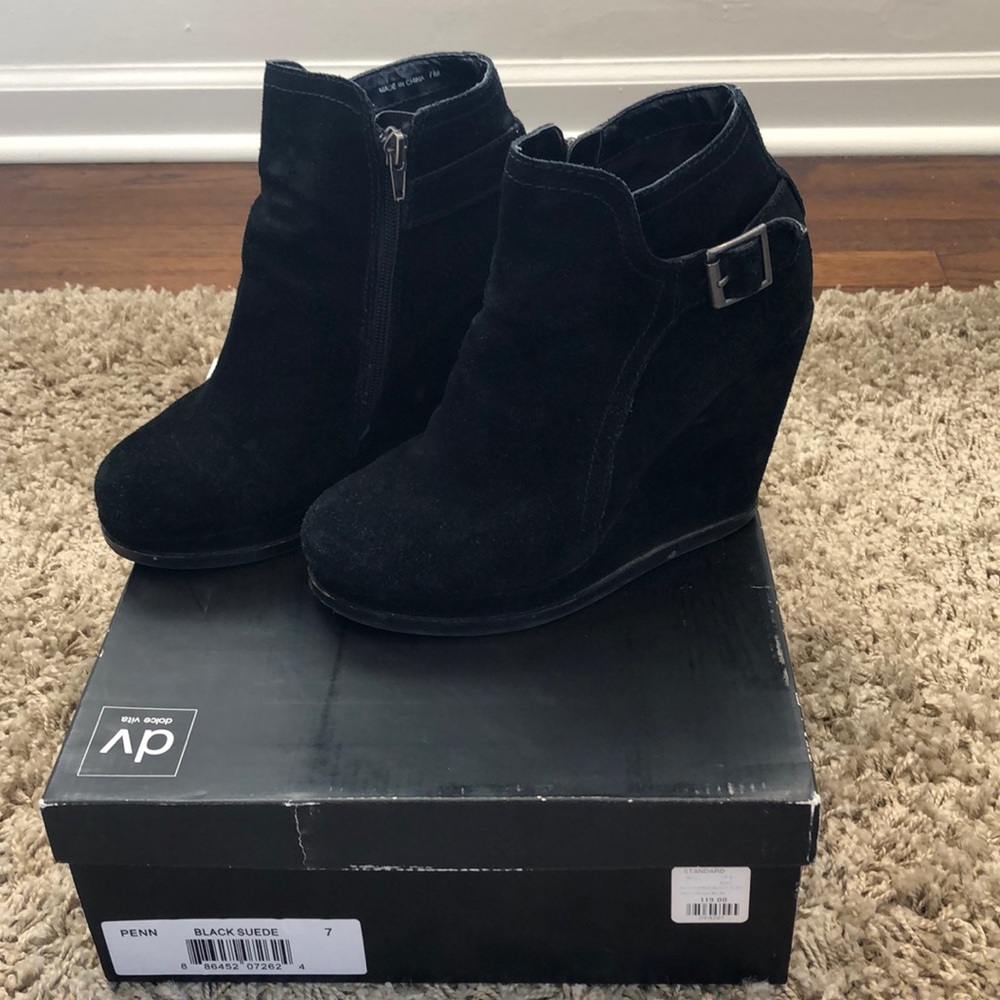 Black suede Dolce Vita wedge booties